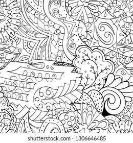 Tracery seamless pattern. Mehndi design. Ethnic monochrome binary doodle texture. Curved doodling black and white background. Vector