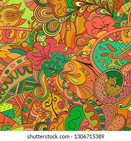 Tracery seamless pattern. Mehndi design. Ethnic colorful doodle texture. Curved doodling background. Vector