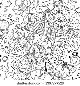 Tracery seamless pattern. Mehndi design. Ethnic monochrome binary doodle texture. Curved doodling black and white background. Vector