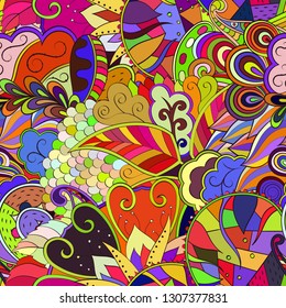 Tracery seamless pattern. Mehndi design. Ethnic colorful doodle texture. Curved doodling background. Vector
