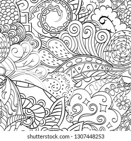 Tracery seamless pattern. Mehndi design. Ethnic monochrome binary doodle texture. Curved doodling black and white background. Vector