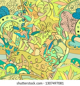 Tracery seamless pattern. Mehndi design. Ethnic colorful doodle texture. Curved doodling background. Vector