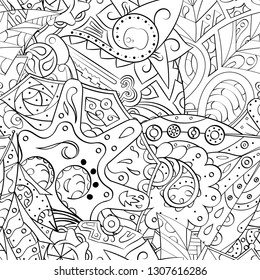 Tracery seamless pattern. Mehndi design. Ethnic monochrome binary doodle texture. Curved doodling black and white background. Vector