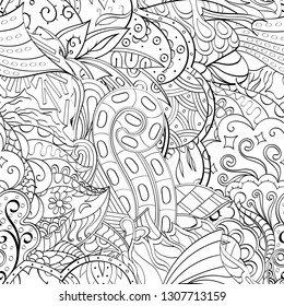 Tracery seamless pattern. Mehndi design. Ethnic monochrome binary doodle texture. Curved doodling black and white background. Vector