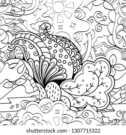 Tracery seamless pattern. Mehndi design. Ethnic monochrome binary doodle texture. Curved doodling black and white background. Vector