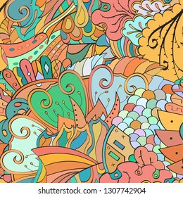 Tracery seamless pattern. Mehndi design. Ethnic colorful doodle texture. Curved doodling background. Vector