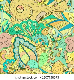Tracery seamless pattern. Mehndi design. Ethnic colorful doodle texture. Curved doodling background. Vector