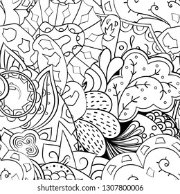 Tracery seamless pattern. Mehndi design. Ethnic monochrome binary doodle texture. Curved doodling black and white background. Vector
