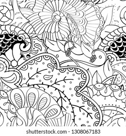 Tracery seamless pattern. Mehndi design. Ethnic monochrome binary doodle texture. Curved doodling black and white background. Vector