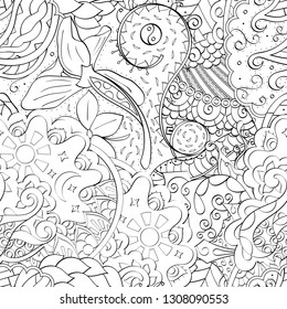Tracery seamless pattern. Mehndi design. Ethnic monochrome binary doodle texture. Curved doodling black and white background. Vector