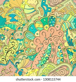 Tracery seamless pattern. Mehndi design. Ethnic colorful doodle texture. Curved doodling background. Vector