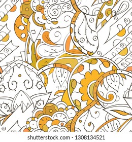 Tracery seamless pattern. Mehndi design. Ethnic colorful doodle texture. Curved doodling background. Vector