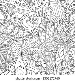 Tracery seamless pattern. Mehndi design. Ethnic monochrome binary doodle texture. Curved doodling black and white background. Vector