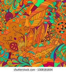 Tracery seamless pattern. Mehndi design. Ethnic colorful doodle texture. Curved doodling background. Vector