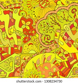 Tracery seamless pattern. Mehndi design. Ethnic colorful doodle texture. Curved doodling background. Vector
