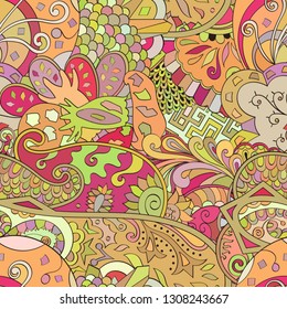Tracery seamless pattern. Mehndi design. Ethnic colorful doodle texture. Curved doodling background. Vector