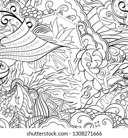 Tracery seamless pattern. Mehndi design. Ethnic monochrome binary doodle texture. Curved doodling black and white background. Vector