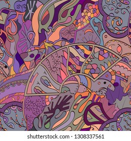 Tracery seamless pattern. Mehndi design. Ethnic colorful doodle texture. Curved doodling background. Vector