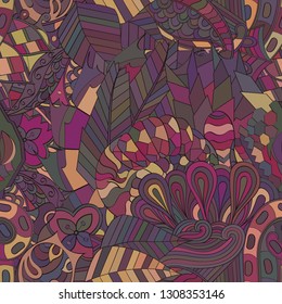 Tracery seamless pattern. Mehndi design. Ethnic colorful doodle texture. Curved doodling background. Vector