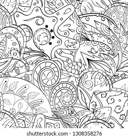 Tracery seamless pattern. Mehndi design. Ethnic monochrome binary doodle texture. Curved doodling black and white background. Vector