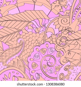 Tracery seamless pattern. Mehndi design. Ethnic colorful doodle texture. Curved doodling background. Vector