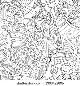 Tracery seamless pattern. Mehndi design. Ethnic monochrome binary doodle texture. Curved doodling black and white background. Vector