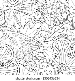 Tracery seamless pattern. Mehndi design. Ethnic monochrome binary doodle texture. Curved doodling black and white background. Vector