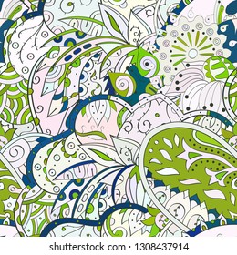 Tracery seamless pattern. Mehndi design. Ethnic colorful doodle texture. Curved doodling background. Vector