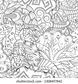 Tracery seamless pattern. Mehndi design. Ethnic monochrome binary doodle texture. Curved doodling black and white background. Vector