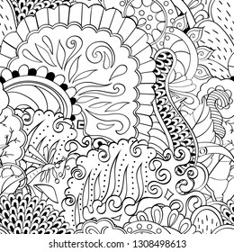 Tracery seamless pattern. Mehndi design. Ethnic monochrome binary doodle texture. Curved doodling black and white background. Vector