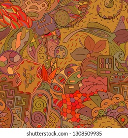 Tracery seamless pattern. Mehndi design. Ethnic colorful doodle texture. Curved doodling background. Vector