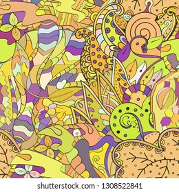 Tracery seamless pattern. Mehndi design. Ethnic colorful doodle texture. Curved doodling background. Vector