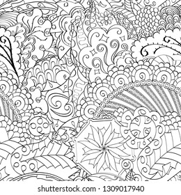 Tracery seamless pattern. Mehndi design. Ethnic monochrome binary doodle texture. Curved doodling black and white background. Vector