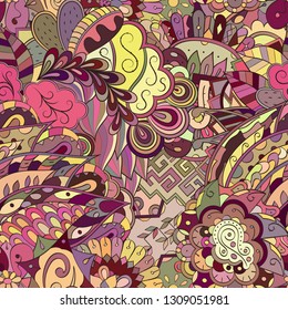 Tracery seamless pattern. Mehndi design. Ethnic colorful doodle texture. Curved doodling background. Vector