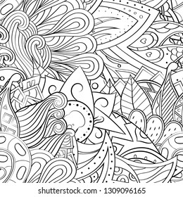 Tracery seamless pattern. Mehndi design. Ethnic monochrome binary doodle texture. Curved doodling black and white background. Vector