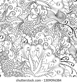 Tracery seamless pattern. Mehndi design. Ethnic monochrome binary doodle texture. Curved doodling black and white background. Vector