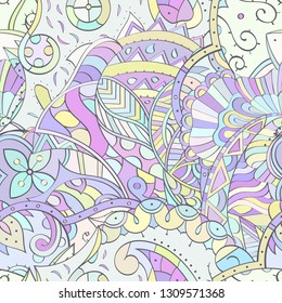 Tracery seamless pattern. Mehndi design. Ethnic colorful doodle texture. Curved doodling background. Vector