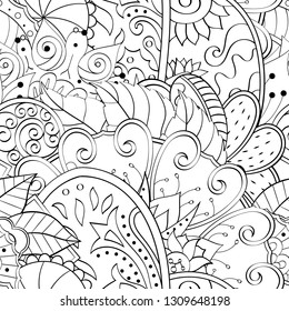 Tracery seamless pattern. Mehndi design. Ethnic monochrome binary doodle texture. Curved doodling black and white background. Vector