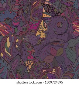 Tracery seamless pattern. Mehndi design. Ethnic colorful doodle texture. Curved doodling background. Vector