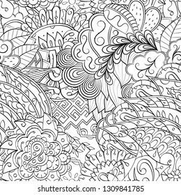Tracery seamless pattern. Mehndi design. Ethnic monochrome binary doodle texture. Curved doodling black and white background. Vector