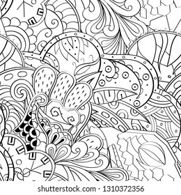 Tracery seamless pattern. Mehndi design. Ethnic monochrome binary doodle texture. Curved doodling black and white background. Vector