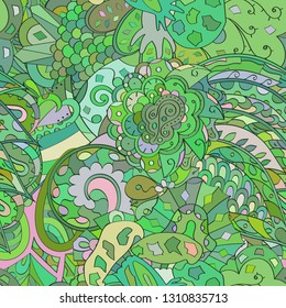 Tracery seamless pattern. Mehndi design. Ethnic colorful doodle texture. Curved doodling background. Vector