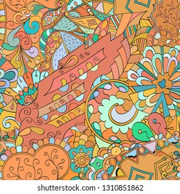 Tracery seamless pattern. Mehndi design. Ethnic colorful doodle texture. Curved doodling background. Vector