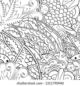 Tracery seamless pattern. Mehndi design. Ethnic monochrome binary doodle texture. Curved doodling black and white background. Vector