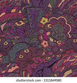 Tracery seamless pattern. Mehndi design. Ethnic colorful doodle texture. Curved doodling background. Vector
