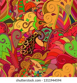 Tracery seamless pattern. Mehndi design. Ethnic colorful doodle texture. Curved doodling background. Vector