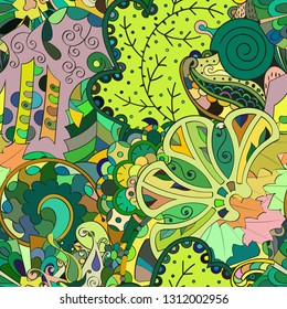 Tracery seamless pattern. Mehndi design. Ethnic colorful doodle texture. Curved doodling background. Vector