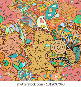Tracery seamless pattern. Mehndi design. Ethnic colorful doodle texture. Curved doodling background. Vector