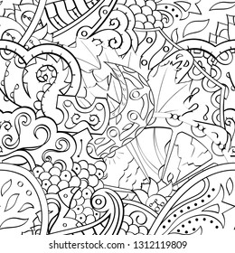 Tracery seamless pattern. Mehndi design. Ethnic monochrome binary doodle texture. Curved doodling black and white background. Vector