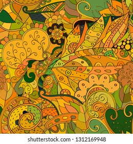 Tracery seamless pattern. Mehndi design. Ethnic colorful doodle texture. Curved doodling background. Vector
